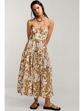 NWT Shona Joy Kiana Walnut Brown Cocunut White Strapless Ruched Midi Dress 8